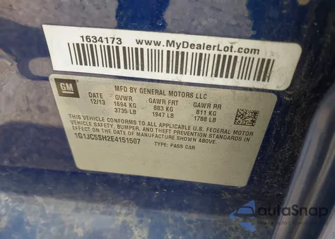 2014 Chevrolet Sonic Lt Auto from USA, damaged, VIN 1G1JC5SH2E4151507